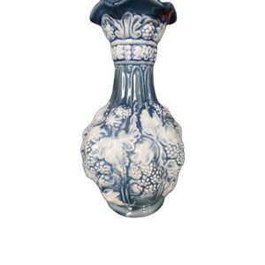 Vintage‎ Blue Hand Carved Vase With Grape Motif 1987